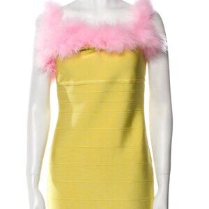 NWT Rachel Gilbert Strapless Yellow Pink Feather Bodycon Mini Dress XS $1495